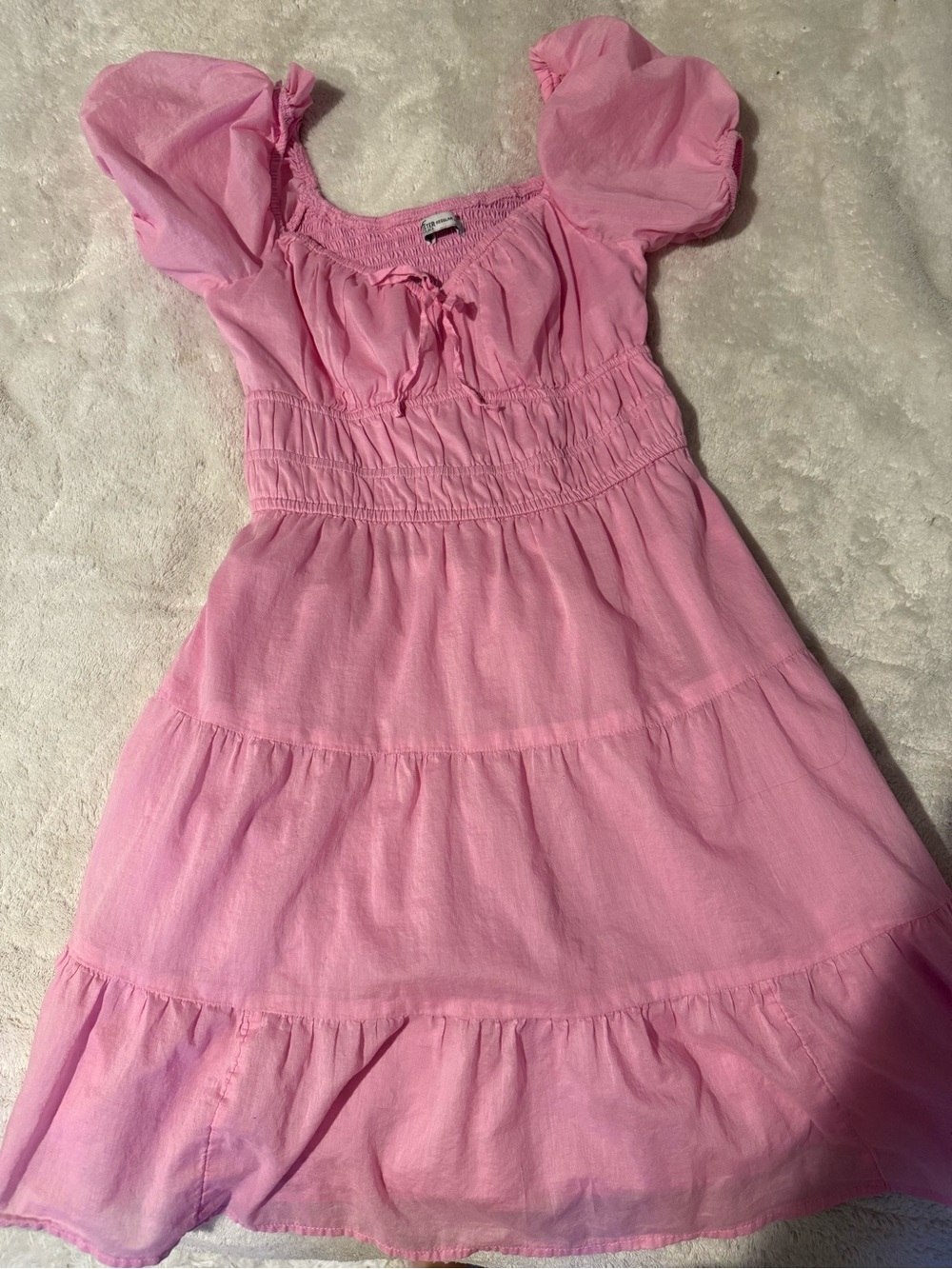 Girls' Pink Puff-Sleeve Tiered Dress